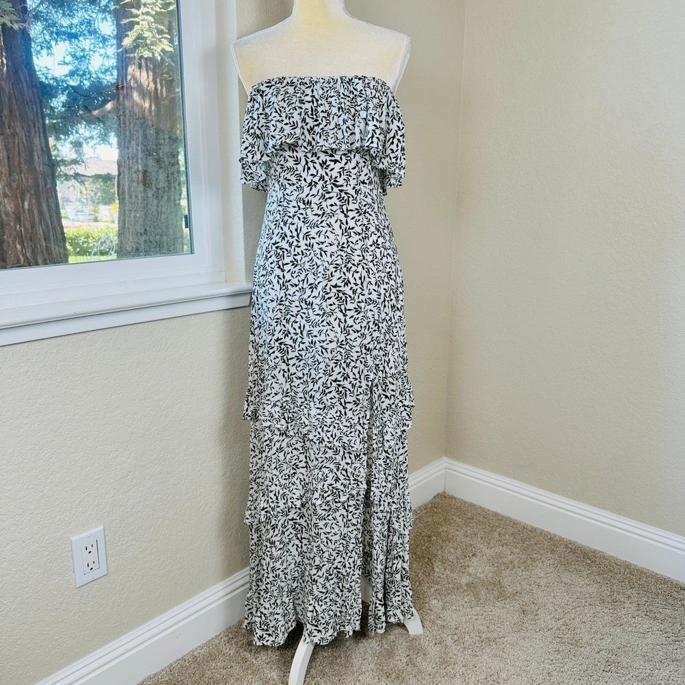 Hello‎ Molly Strapless Maxi Dress Womens S White Green Leaf Print Ruffle Resort - Picture 2 of 10